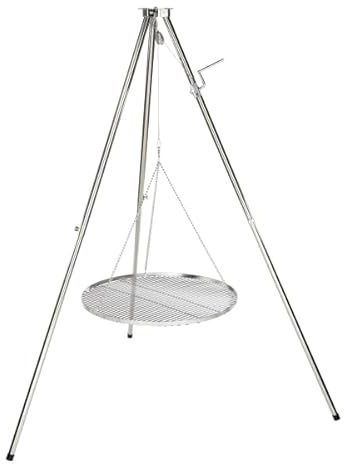HeRo24 Edelstahl Dreibein Schwenker – Schwenkgrill Grillgestell mit 70 cm verchromtem Grillrost & Tragetasche – höhenverstellbar, stabil & ideal für Lagerfeuer & Garten