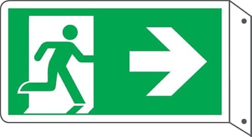 GLOBAL CARTELLO SEGNALETICO BIFACCIALE UNI - USCITA DI EMERGENZA A DESTRA - In Alluminio Con Stampa Diretta U.V. (IDEALE ANCHE PER ESTERNO) (30X12 CM)