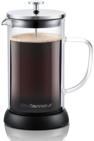 Elite Gourmet FP1223 Cafetera de prensa francesa de 1 litro, jarra de vidrio de borosilicato aislada de doble pared con asa, filtro/émbolo de acero inoxidable apta para lavavajillas, base de silicona