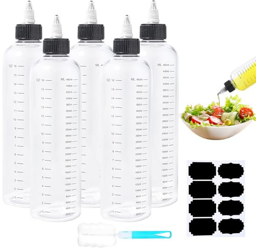 Amentalove 5 Stück Quetschflasche 500ml,16oz Transparent Squeeze Flasche mit Skala,Kunststoff Dosierflasche mit Kappen,Plastik Klare Ölspender Quetschflasche für Flüssige Sauce Ketchup Öl Soja Essig