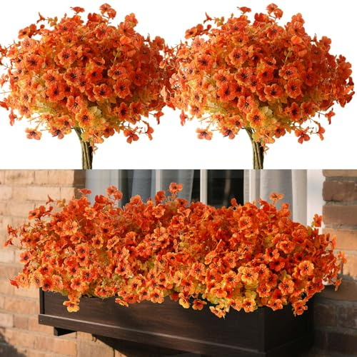 YXYQR 12 Bundles Outdoor Artificial Autumn Flowers Decoration UV Resistant Faux Orange Flowers Fake Plastic Fall Plants Arrangement for Pot Garden Front Porch Farmhouse