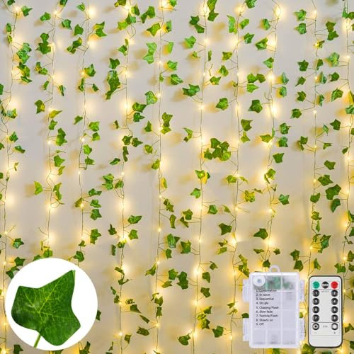 Dekofun Vines with Lights 10M 100 LED Ivy Fairy Lights Battery Operated with Remote, 8 Modes Artificial Ivy Garland Light, Waterproof Decorations for Wall Balcony Gazebo Garden