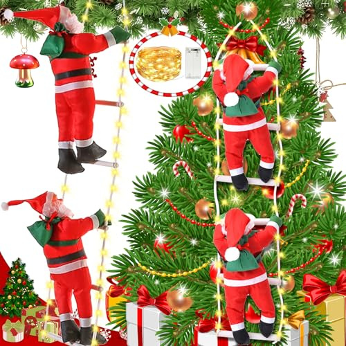 ZZXLOPEZ Weihnachtsmann-Kletterseilleiter, Weihnachtsschmuck-Geschenke, 3M LED Lichterkette mit Batterie Weihnachtsmann Klettern Deko für Weihnachtsbaum,Haus,Außen Und Indoor Weihnachts Deko
