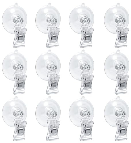 Baimuni Clip de Ventosa, 12 Piezas Pinza de Ventosa Transparente, Soporte de Ventosa de Plástico PVC, Ventosas para Ventanas, Ganchos de succión para Baño, Oficina, Cocina, Tienda, Acuario
