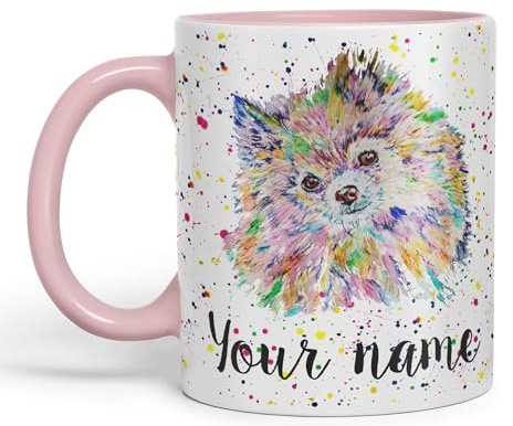 Vixar Personalised Mug with Your Text Name Pomeranian Dog Pet Animals Watercolour Art Coloured Ceramic Mug Cup Gift 330ml 11oz Custom Work Office Tea Coffee (Pink)