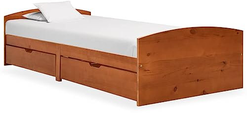 HETFTJN Hoch Bett Bed Frame Gästebett Jugendbett - Massivholzbett mit 2 Schubladen Honigbraun Kiefer 90x200 cm für Schlafsaal Schlafzimmer Hotel Gästezimmer