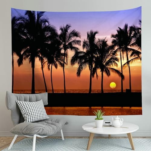 Wycian Wandteppich Landschaft Abstrakt Wandbehang Quatratisch Mehrfarbig Kokosnussbaum Bei Sonnenuntergang Mikrofaser Wanddecke 200X150cm （Breite x Höhe）