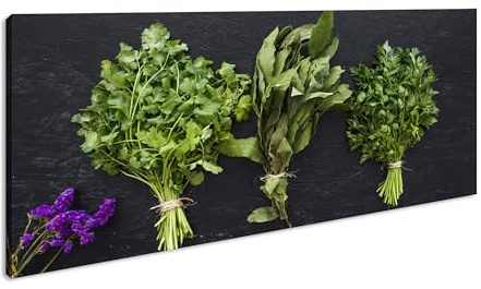 Leinwandbild Drei Bündel Kräuter auf dunklem Grund, sattes Grün, Natur pur. Panorama Format: 80x40 cm XXL Kunstdruck Bild auf Keilrahmen/Wandbild/Wohnzimmer Deko