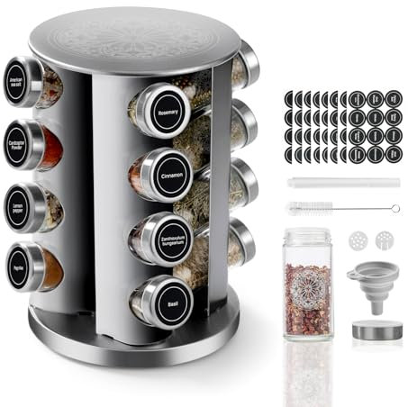 SXTIHD Estante giratorio de acero inoxidable para especias con 16 tarros redondos de 100 ml, etiqueta