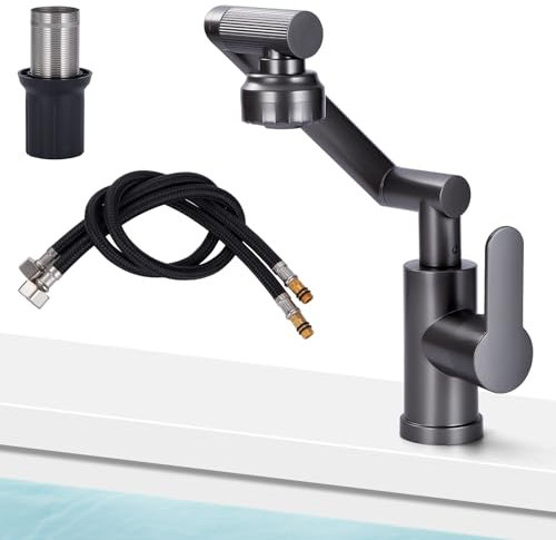 Waschtischarmatur Bad Armatur Waschbecken Drehbar mit Verbindungsschlauch für Warm/Kaltwasser Einhebelmischer Waschbecken Wassersparend & Spritzwassergeschützt Grau