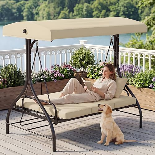 TLSUNNY 3 Seater Garden Swing, Convertible Glider Bed with Adjustable Canopy & Backrest, Heavy Duty Waterproof Outdoor Patio Swings Bench w/Removable Cushion for Backyard, Poolside, Balcony, Beige