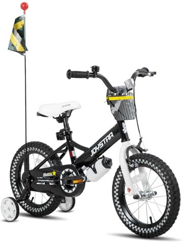 JOYSTAR 16 Zoll Kinderfahrrad für Jungen von 4-7 Jahren, 16 Zoll Jungenfahrrad mit Stabilisatoren & Flagge & Nummernschild, schwarz
