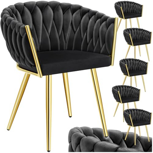 tectake® Samt Stuhl, Schalenstuhl mit Armlehne in Knoten Optik, Esszimmerstühle, Sessel modern für Wohnzimmer, Esszimmer, als Küchenstühle, für Schminktisch, Dining Chair Set - Schwarz/Gold, 6er Set