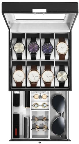 Uten Watch Box 8 Slots, 2-Tier Watch Case with Key Lock, Glass Lid, watch display box for Men and Women, Black Synthetic Leather, Grey Velvet Lining, Removable Pillows, Jewelry Storage Box, Gift Idea