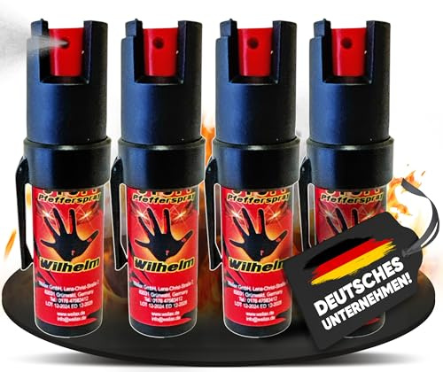 4 x Wilhelm Pfefferspray Tierabwehr Selbstverteidigung CS KO Spray hochdosiert (ca. 2 Mio. Scoville) effektives Verteidigungsspray