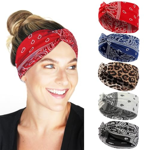 BSITSSS 5 Stück Haarband Damen, Stirnband Damen Elastische, Boho Haarschmuck Leoparden Haarband Kopfband Sommer für Yoga Fitness kurzes Haar Workout Laufen Sport