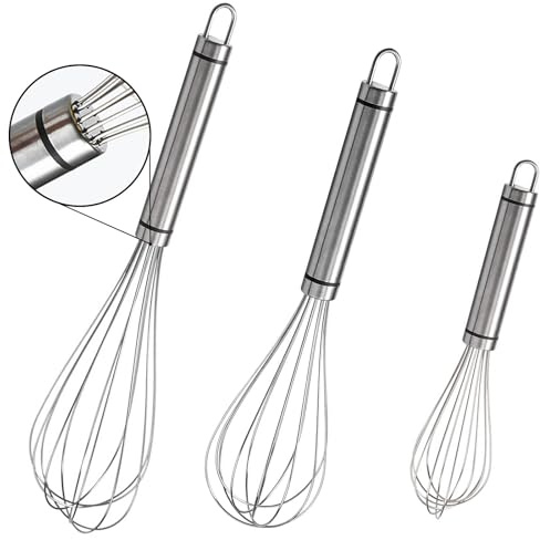 3-Pack Stainless Steel Whisk Set - 8, 10, 12-Inch Kitchen Tools for Cooking, Blending, Beating, and Stirring - Silver