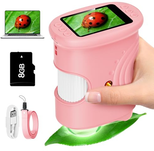Alotwan Kids Microscope Digital 1000X Zoom, Mini Pocket Handheld Microscope Portable Travel Toys, HD Camera Video Magnifying Glass, Christmas Birthday Gifts for Girls, STEM Toys for Toddlers Age 3-8