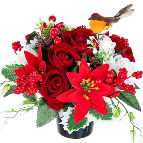 Memobloom Christmas Artificial Flowers for Graves: Robin Red Poinsettia Rose in Grave Flower Pots Cemetery Decorations - Fake Silk Memorial Arrangements for Outdoor Xmas Graveside