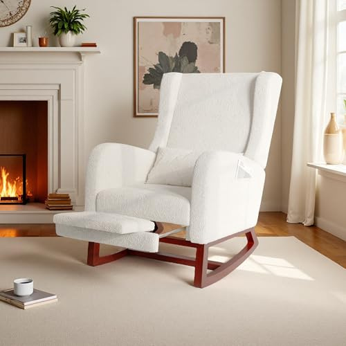 Yeutre Gungstol med infällbar fotstöd, gungstol med ländkudde och sidofickor, amningsstol, gungstol för vardagsrum, sovrum (beige teddy)