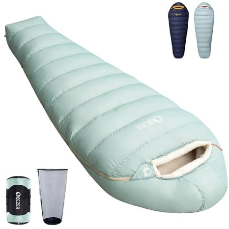 QEZER Daunenschlafsack, Winterschlafsack mit antistatischem Graphenfutter, 620FP Bauschkraft, 1450 Gramm, -24°C bis 0°C, geeignet für Camping, Wandern und Trekking.