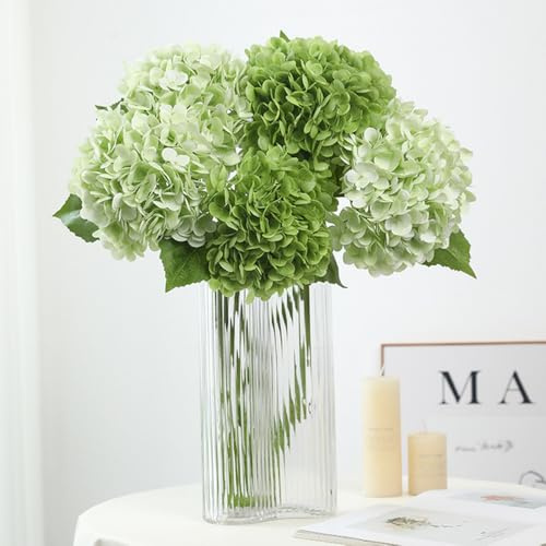 NatureMan Lot de 4 grandes fleurs d'hortensia artificielles en latex au toucher réaliste pour décoration d'intérieur, arrangements de fête, bouquets de mariage, centres de table (2 vert foncé et 2