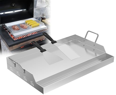 LILIIN 54 x 41 cm, placa de acero inoxidable con espátula incluida, placa para barbacoa de gas y carbón, esquinas a prueba de fugas para una barbacoa limpia, con asas