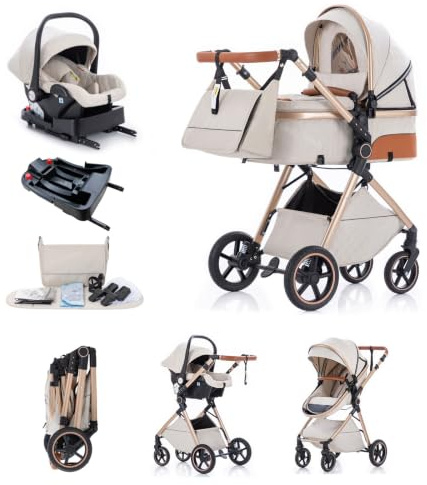 Kakbgee Cochecito 3 en 1 con Silla de Coche, Carrito bebé Plegable, Manillar 7 Alturas, Suspensión 4 Ruedas, Funda de Lluvia y Mosquitera, Sistema de Viaje para Recién Nacidos 0-3 Años (15kg), Beige