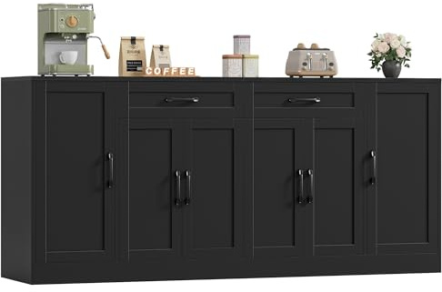 BOTLOG 71” Large Buffet Cabinet with Storage, Sideboard Buffet Cabinet with Adjustable Shelves and 6 Soft-Close Doors, Wood Coffee Bar Console Table for Kitchen, Dining Room, Black