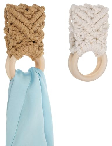 2 Pcs Handmade Crochet Dish Towel Holder Boho Kitchen Dish Towels Hanger Knit Hanging Towels Loop Rings for Kitchen Bathroom Cabinet House Stove Decorative Housewarming Mom Chef Housewarming Gifts