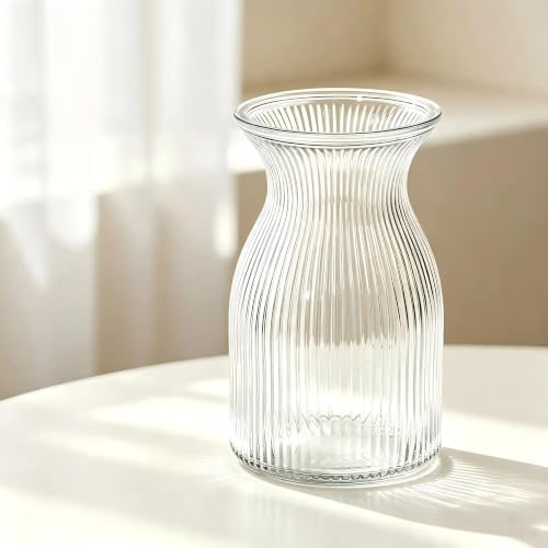 Jarrón de cristal con diseño acanalado, transparente, estilo vintage, florero decorativo