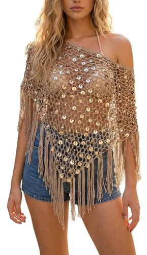 Feclmiyt Poncho da donna con frange all'uncinetto e paillettes, Y2k, trasparente, scava fuori, scialle da spiaggia, copricostume da bagno, Marrone, L