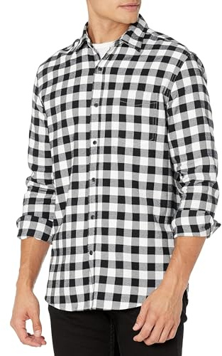 Amazon Essentials Camisa de franela de manga larga Hombre, Negro Cuadros de Vichy Grandes, XL