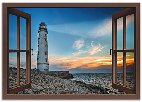ARTLAND Wanddeko Wandbild Alu Verbundplatte für Innen & Outdoor Bild 100x70 cm Strand Meer Leuchtturm Küste Sonnenuntergang Meerblick Maritim S8QZ