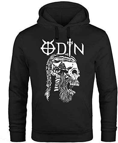 Neverless® Hoodie Herren Odin Totenkopf Bart Nordische Mythologie Print Aufdruck Kapuzen-Pullover Männer Fashion Streetstyle schwarz L