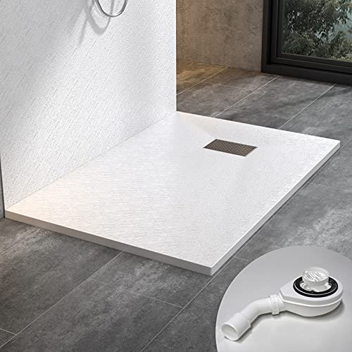 WITEN&NOCK Duschwanne 140x90 cm SMC Brausewanne Weiß Steinoptik Antirutsch Duschtasse Höhe 3,2 cm Niedrige Schwelle Extraflach Brausetasse mit Ablaufgarnitur Ø 90 mm