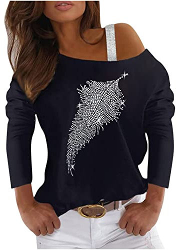 Masrin Heißbohren Oberteile Damen Modischer Schulterfreier Pullover Glänzende Bluse mit Feder Motiv Langarm Tunika Tops mit schrägem Kragen Frühling Herbst Langarmshirts Elegant Schlanke Pulli