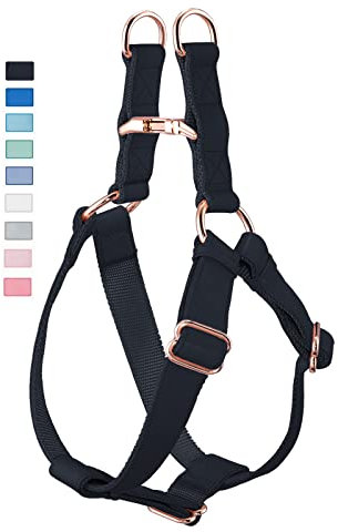 Soft Leather No Pull Dog Harness - Adjustable Step in Dog Harness with Rose Gold Heavy Duty Metal Buckle, Freedom Nylon Dog Halter Vests for Small Medium Large Dogs Easy Walking Training (Black,M)