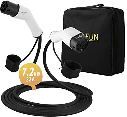 EVIEUN Tipo 2 EV Cavo di Ricarica per Auto Elettriche e Ibride | Tipo 2 a Tipo 2 | 32 A | Monofase | 7,2 kW | 5 Metri | Compatible con Model S/ 3/ X/Y, Zoe, E-Tron, E-Golf,EQC, Kona
