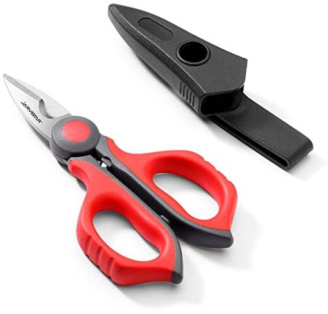 JARVISTAR Elektrikerschere Universalschere Kabelschere, 6 Zoll Multifunktions Schere mit Gürtelclip und Weichem Gummigriff, Edelstahlschere,15.3CM (Schwarz/Rot)