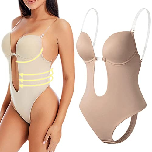 Reggiseno modellante per il corpo con scollo a V profondo, intimo modellante femminile senza schienale a scollo profondo a U senza cuciture con perizoma body completo (Medium, carnagione scura)