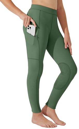 Willit Girls Horse Riding Pants Tights Kids Equestrian Breeches Knee-Patch Youth Schooling Tights Zipper Pockets Army Green M