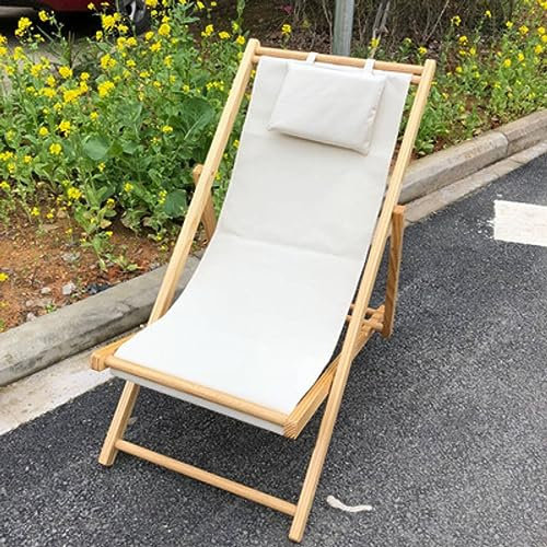 JSLJJBD Sonnenliege Klappbar, Liegestuhl Mit Verstellbarem, Klappbarer Liegestuhl Aus Massivem Holz, Tragbarer Outdoor-Stuhl, Heim-balkonstuhl, Strandstuhl withpillow Offwhite