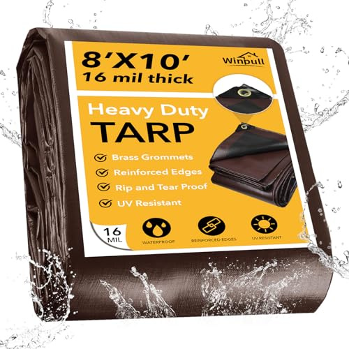 Winpull Tarp 8x10FT, 16 Mil Heavy Duty Waterproof Tarp, Large Multipurpose Cover with Brass Grommets and Reinforced Edges, UV Resistant Thick Poly Tarps for Outdoor Camping Tent Pool Car Tent