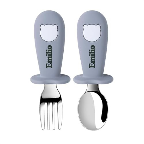 TYRY.HU Personalizada Cubiertos para Bebés Cucharas Juego de Tenedores Infantiles Niños Pequeños Acero Inoxidable con Silicona Nombres Diseño Antiahogo de Sujeción