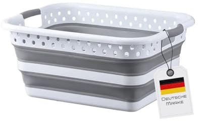 König Design Faltbarer Wäschekorb 36 Liter, robust, hochwertig, platzsparend, 61 x 44,5 x 25 cm, Grau Weiß - Mehrzweck-Wäschebehälter, Aufbewahrungskorb, Organizer