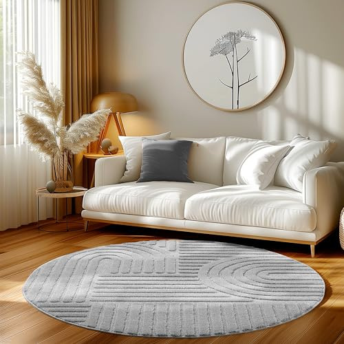 HomebyHome Teppich Rund 200 cm Grau, Hochflor Wohnzimmer Teppich, Weich & Flauschig, Skandinavisch Boho Stil, Langflor Shaggy, Pflegeleicht, Jute Rückseite