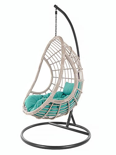 Kideo Komplettset: XXL Hängesessel mit Gestell & Kissen, Korbsessel, Poly-Rattan, grau-beige (Kissen: Chesterstepp türkis [5060 Ocean], Korb: grau-beige Melange, Gestell: dunkelgrau)
