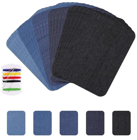 25 Stück Jeans Flicken zum Aufbügeln, Aufbügelflicken Bügelflicken mit Buntem Nähset, Denim Repair Patches, Bügeleisen Denim Patches Reparatursatz, Blau Flicken zum Aufbügeln für Jeans, Jacken