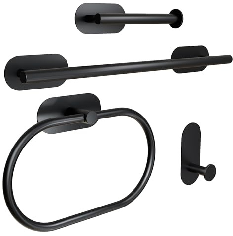 HOMMEY- Toalleros de Baño sin Taladro - Toallero Adhesivo de Baño- Toallero 40cm + 3 Accesorios Baño - Acero Inoxidable 304 - Adhesivo Ultrafuerte- Set 4 Piezas Accesorios Baño (Negro Mate)
